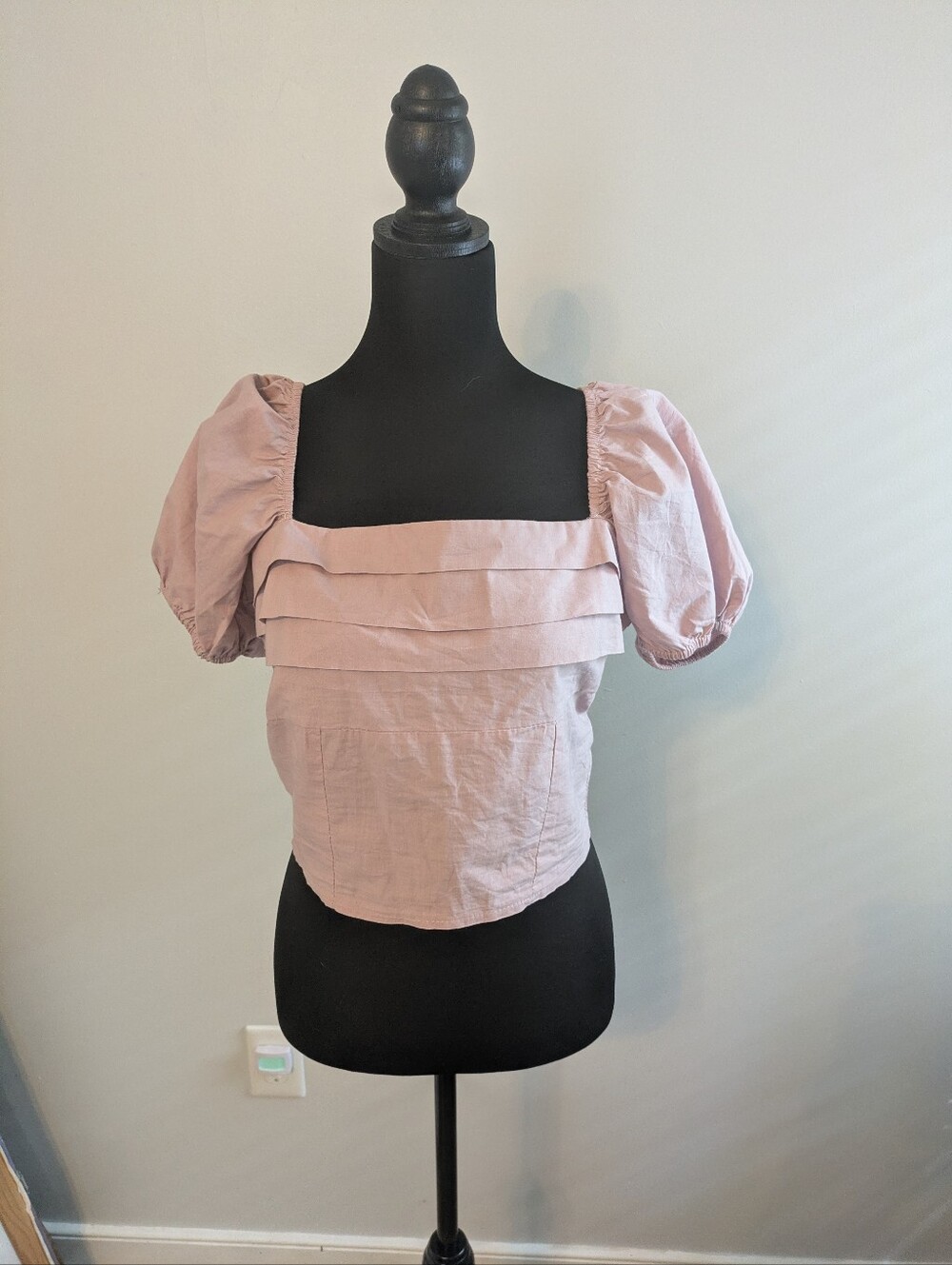 Sim And Sam Lilac Poplin Pleat Bust Crop Top XL Square Neck Puff Sleeves